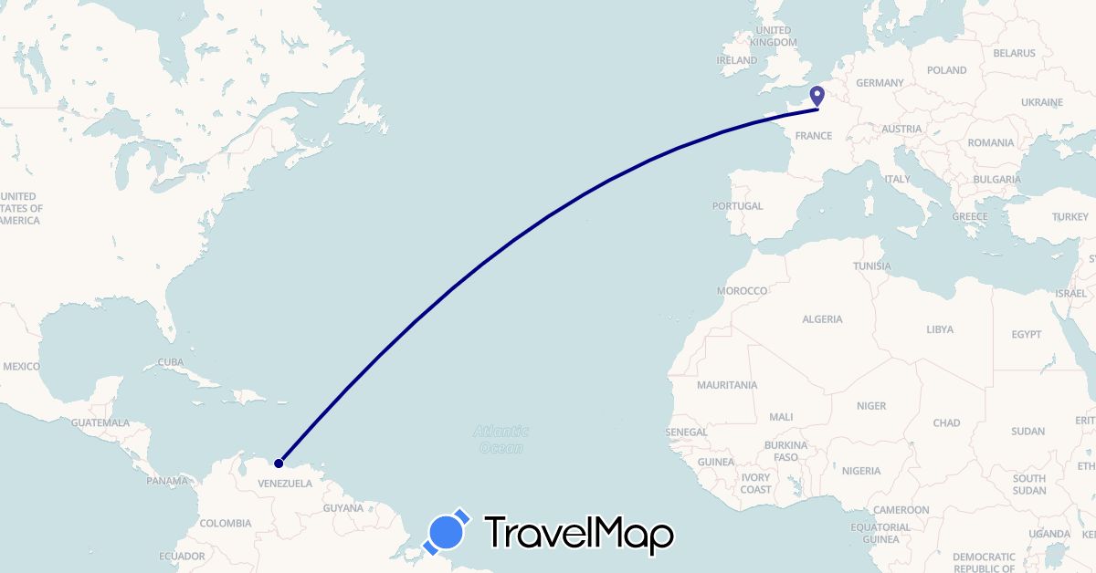 TravelMap itinerary: driving in France, Venezuela (Europe, South America)